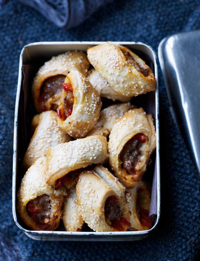 Sausage rolls with harissa and roasted peppers Sainsbury's Magazine